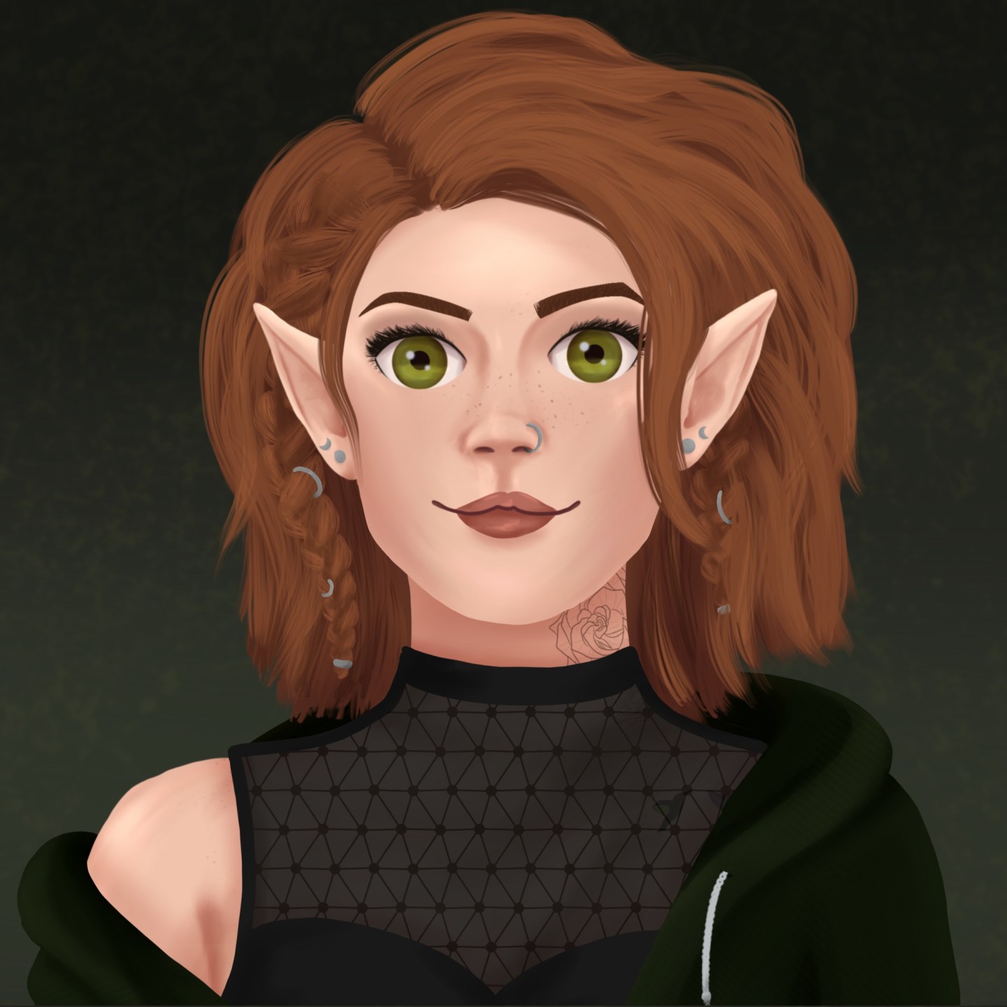 Digital illustration of a character with short, wavy reddish-brown hair, green eyes, and pointed ears. The character features a subtle smile, a nose ring, and ear piercings. They are wearing a black top with a geometric pattern and a green hoodie.